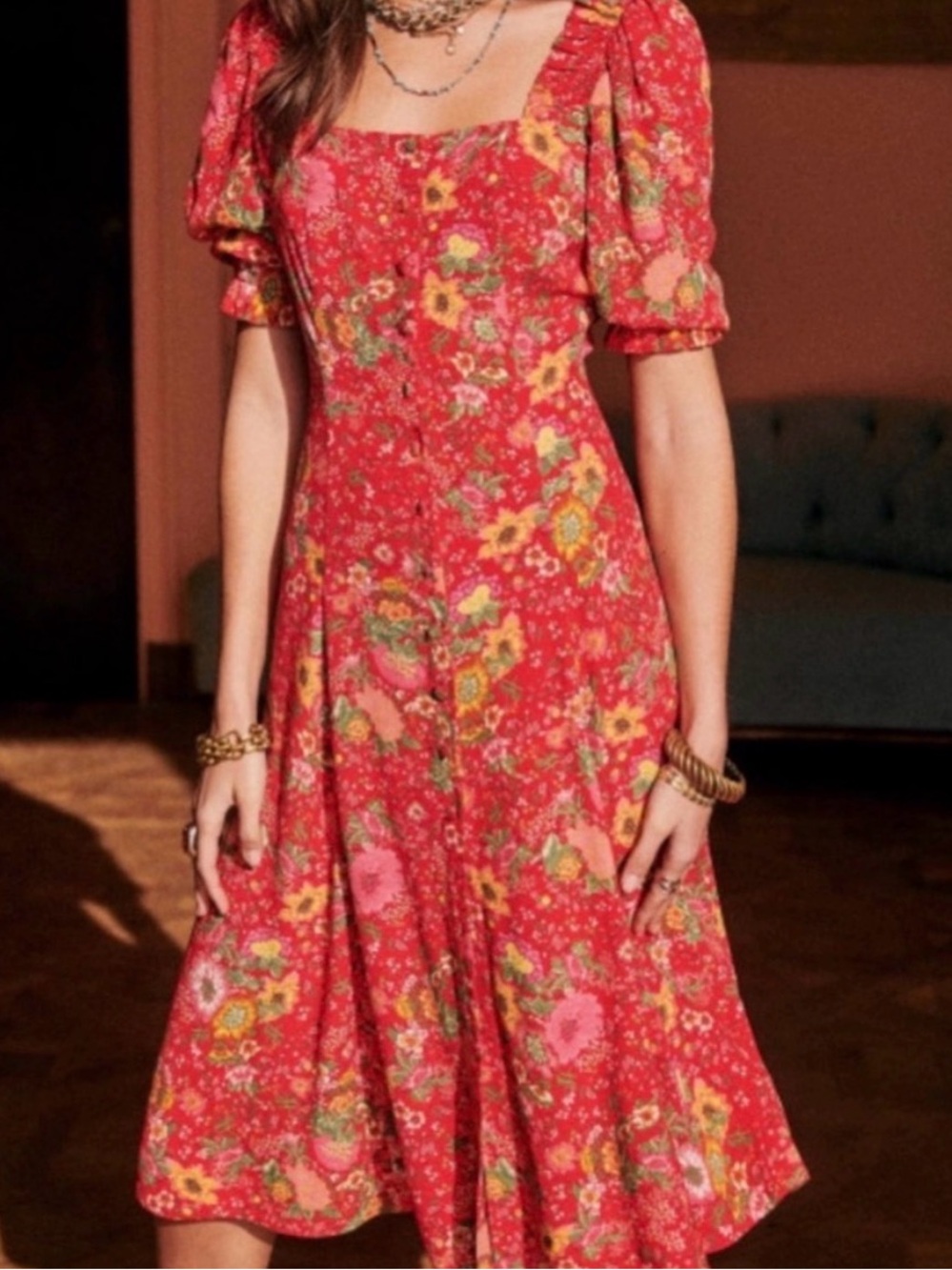 Sezane Winona Red Floral Square-Neck Midi Dress